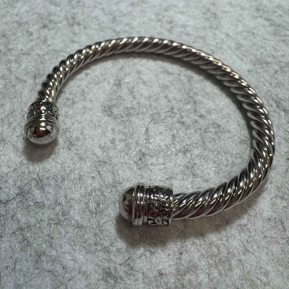Silver-Plated Twisted Cuff Bracelet With Ornate End Caps - Picture 5 of 7